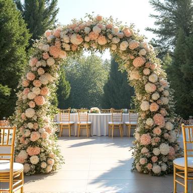 花のアーチで飾られた結婚式の会場